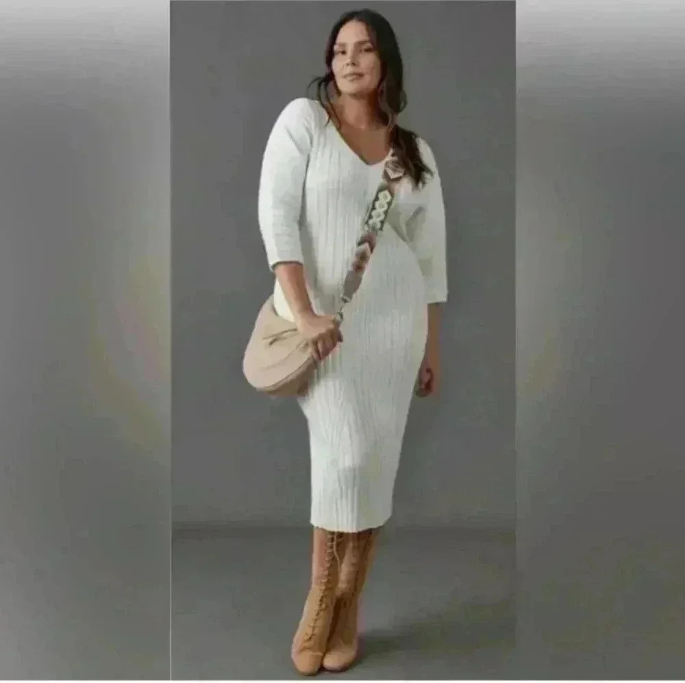 Maeve by Anthropologie lvory CreamRibbed Stretchy Bodycon Sweater Dress Size Sm